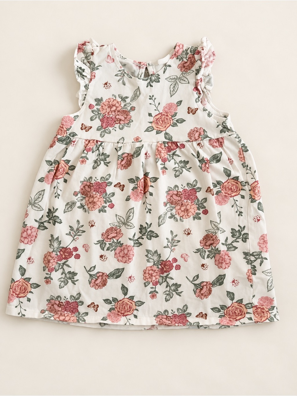 H&M White Floral Ruffle Sleeve Dress with Pink Roses
